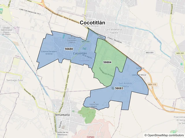 Mapa de códigos postales de Cocotitlán, México