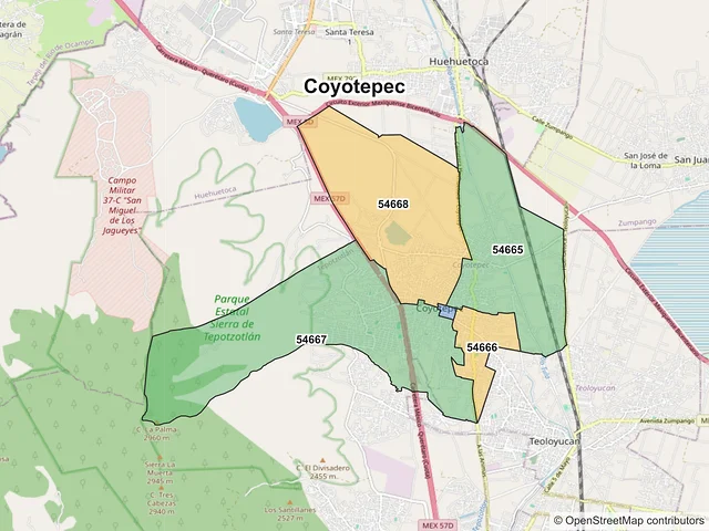 Mapa de códigos postales de Coyotepec, México