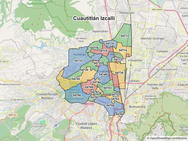 Mapa de códigos postales de Cuautitlán Izcalli, México