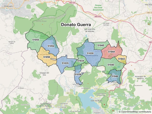 Mapa de códigos postales de Donato Guerra, México