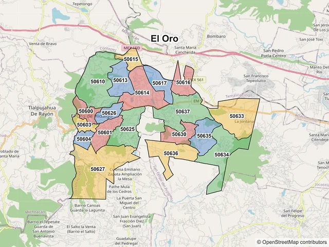 Mapa de códigos postales de El Oro, México