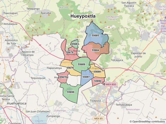 Mapa de códigos postales de Hueypoxtla, México