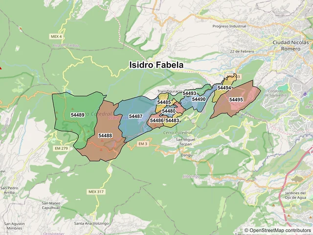 Mapa de códigos postales de Isidro Fabela, México