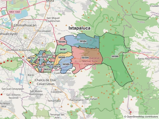 Mapa de códigos postales de Ixtapaluca, México