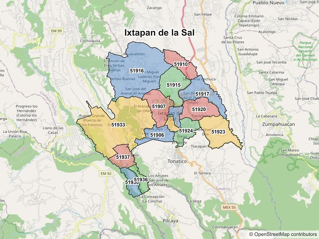 Mapa de códigos postales de Ixtapan de la Sal, México