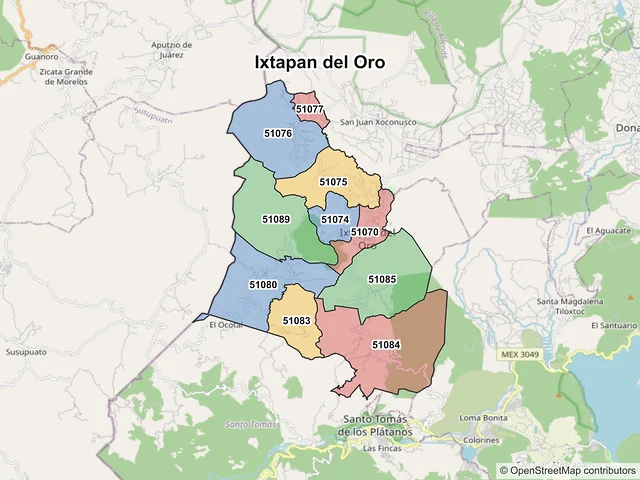 Mapa de códigos postales de Ixtapan del Oro, México