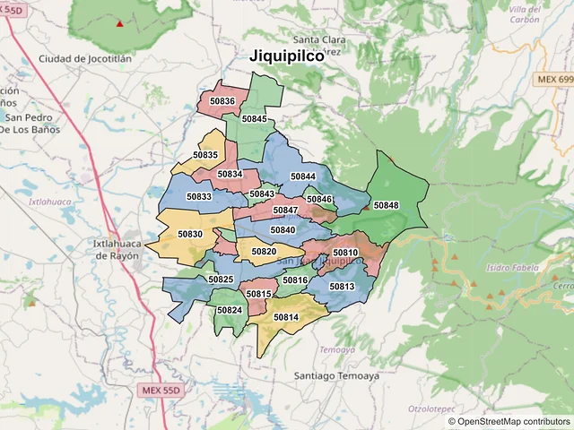 Mapa de códigos postales de Jiquipilco, México