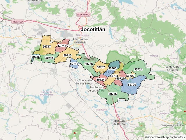 Mapa de códigos postales de Jocotitlán, México