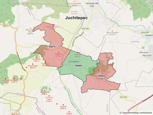 Mapa de códigos postales de Juchitepec, México