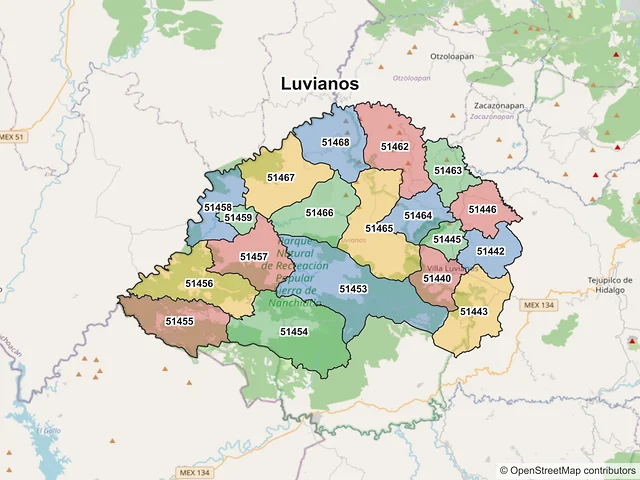 Mapa de códigos postales de Luvianos, México