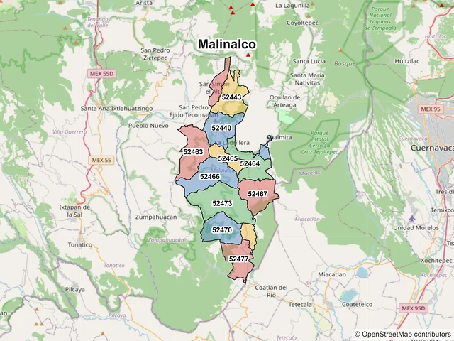 Mapa de códigos postales de Malinalco, México