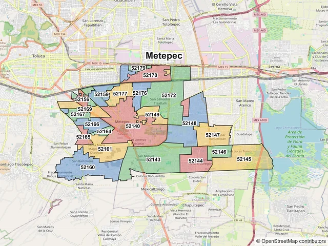 Mapa de códigos postales de Metepec, México