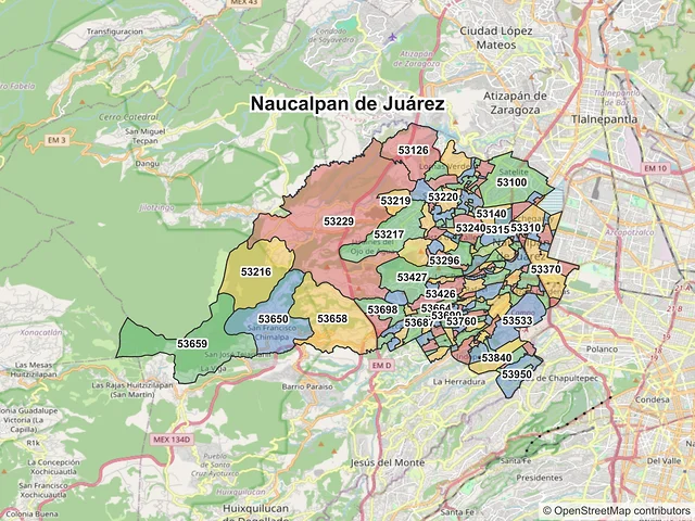 Mapa de códigos postales de Naucalpan de Juárez, México