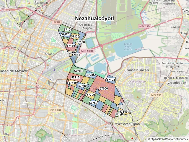 Mapa de códigos postales de Nezahualcóyotl, México