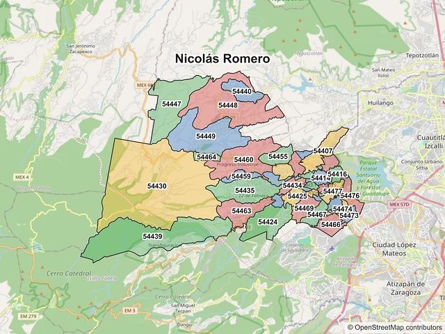 Mapa de códigos postales de Nicolás Romero, México