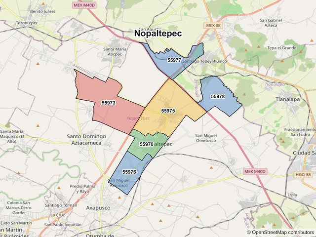 Mapa de códigos postales de Nopaltepec, México