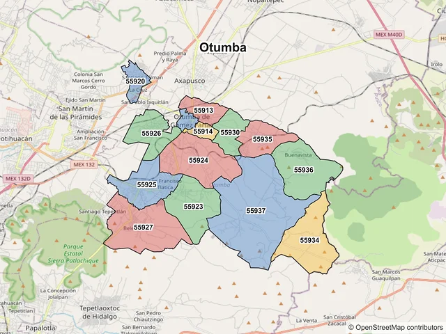 Mapa de códigos postales de Otumba, México