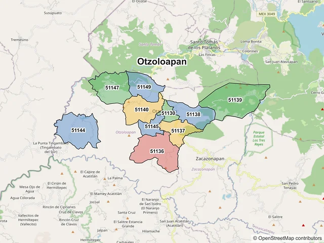 Mapa de códigos postales de Otzoloapan, México