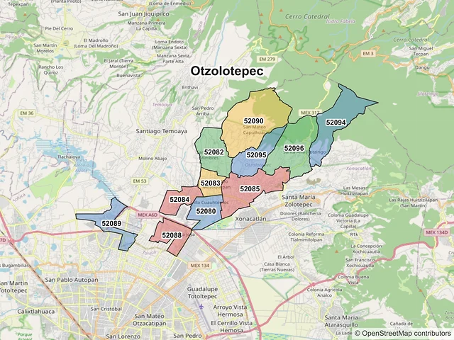 Mapa de códigos postales de Otzolotepec, México