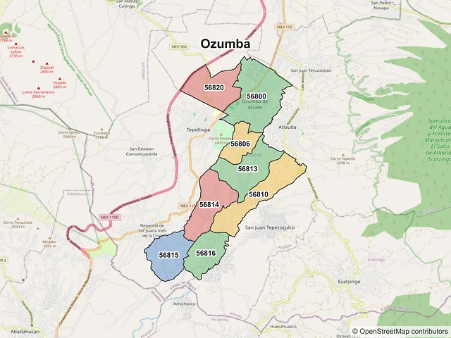 Mapa de códigos postales de Ozumba, México