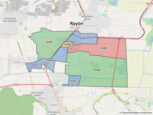 Mapa de códigos postales de Rayón, México