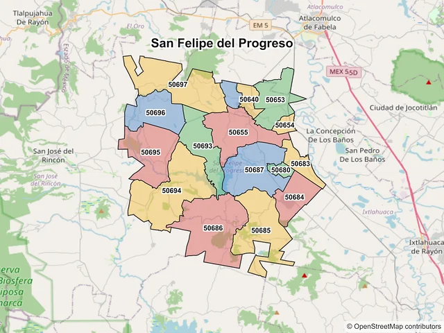 Mapa de códigos postales de San Felipe del Progreso, México