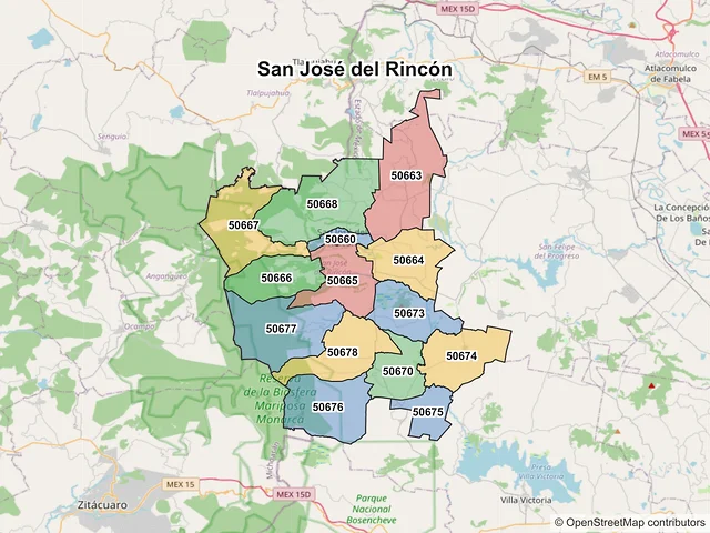 Mapa de códigos postales de San José del Rincón, México