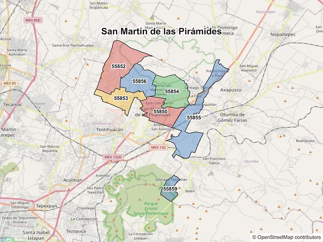 Mapa de códigos postales de San Martín de las Pirámides, México