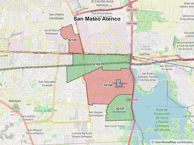 Mapa de códigos postales de San Mateo Atenco, México