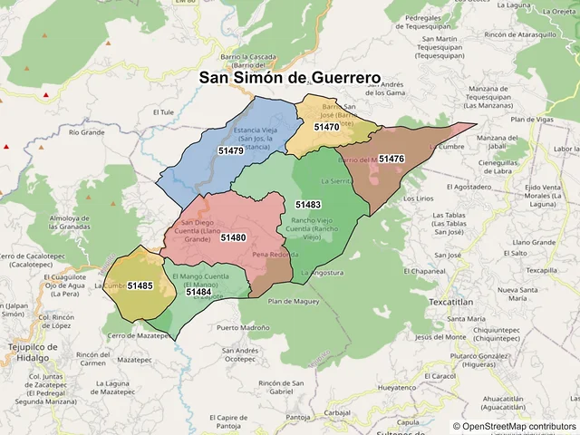 Mapa de códigos postales de San Simón de Guerrero, México