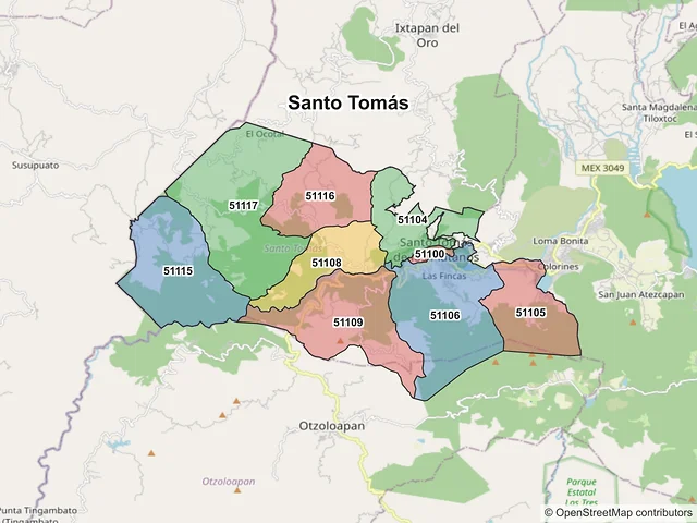 Mapa de códigos postales de Santo Tomás, México