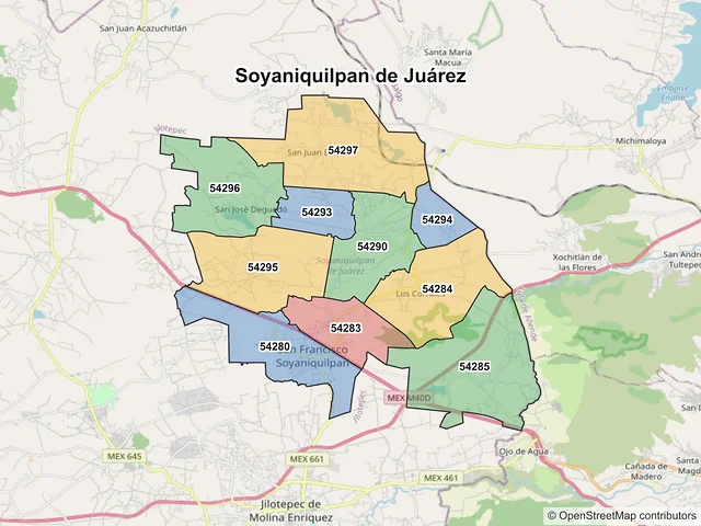 Mapa de códigos postales de Soyaniquilpan de Juárez, México