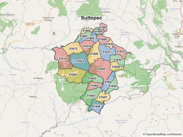 Mapa de códigos postales de Sultepec, México