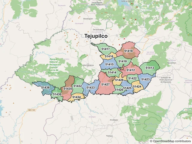 Mapa de códigos postales de Tejupilco, México