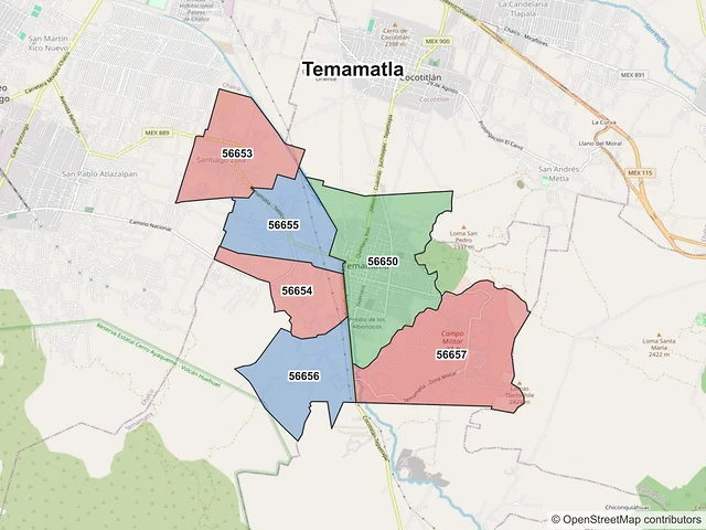 Mapa de códigos postales de Temamatla, México