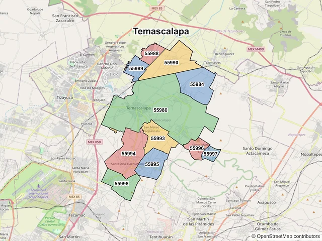 Mapa de códigos postales de Temascalapa, México