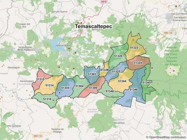 Mapa de códigos postales de Temascaltepec, México
