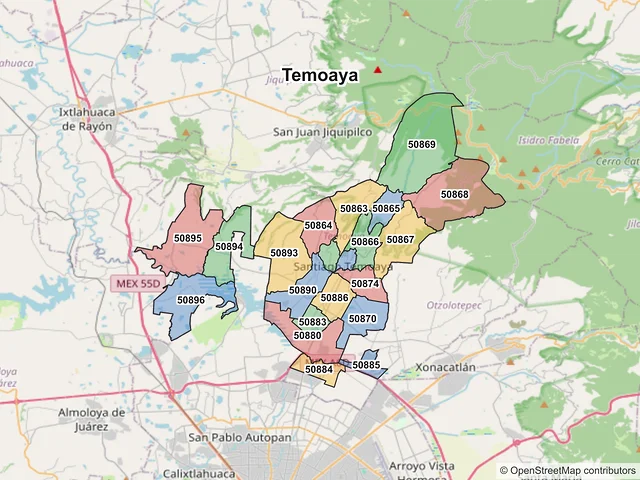 Mapa de códigos postales de Temoaya, México