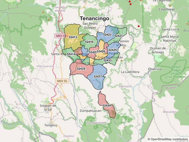 Mapa de códigos postales de Tenancingo, México