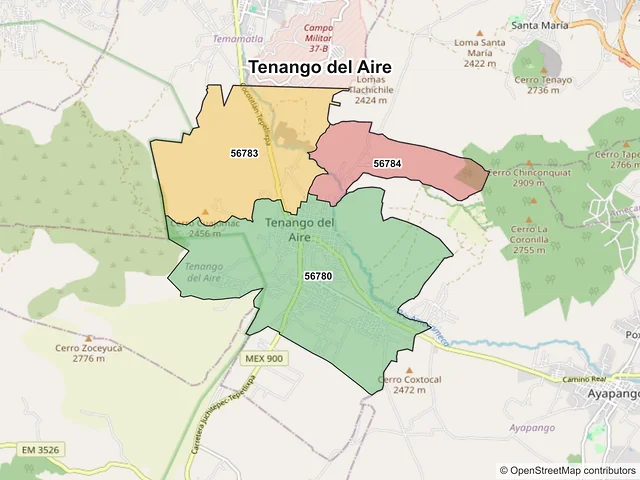 Mapa de códigos postales de Tenango del Aire, México