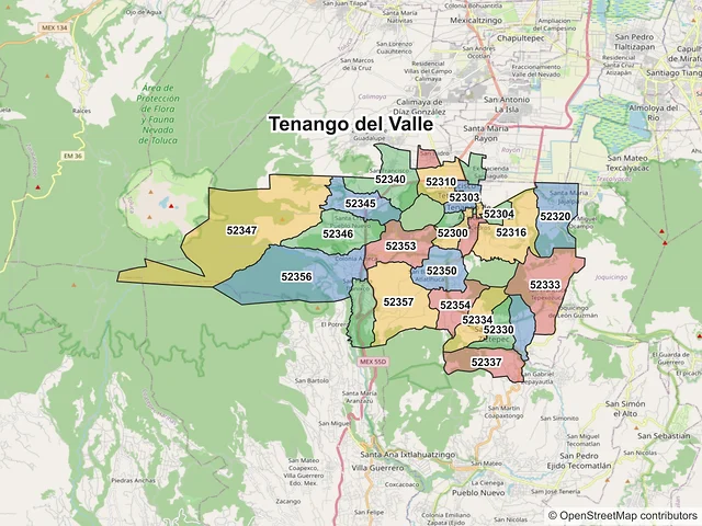 Mapa de códigos postales de Tenango del Valle, México