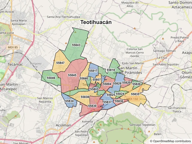 Mapa de códigos postales de Teotihuacán, México