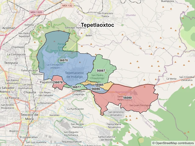Mapa de códigos postales de Tepetlaoxtoc, México
