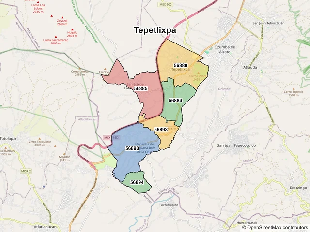 Mapa de códigos postales de Tepetlixpa, México