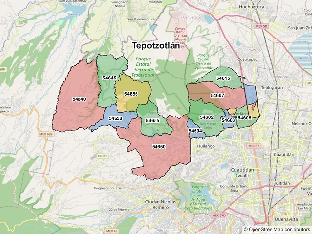 Mapa de códigos postales de Tepotzotlán, México