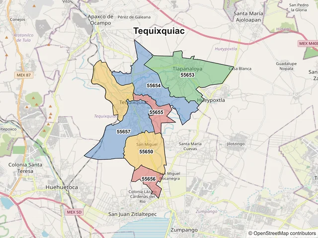 Mapa de códigos postales de Tequixquiac, México