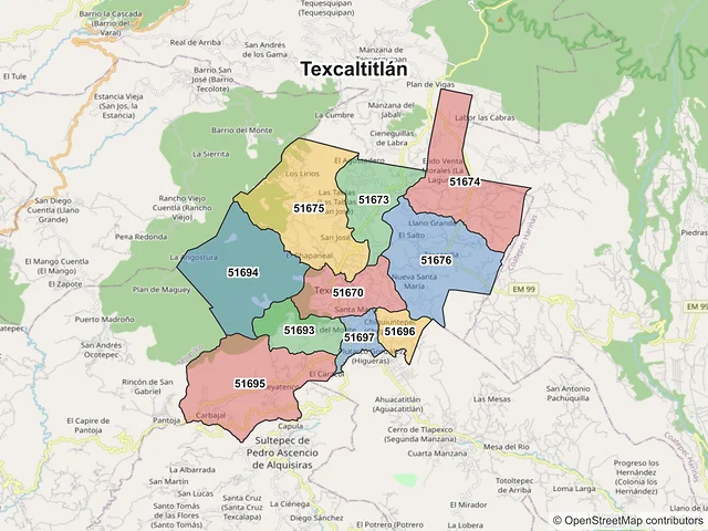 Mapa de códigos postales de Texcaltitlán, México