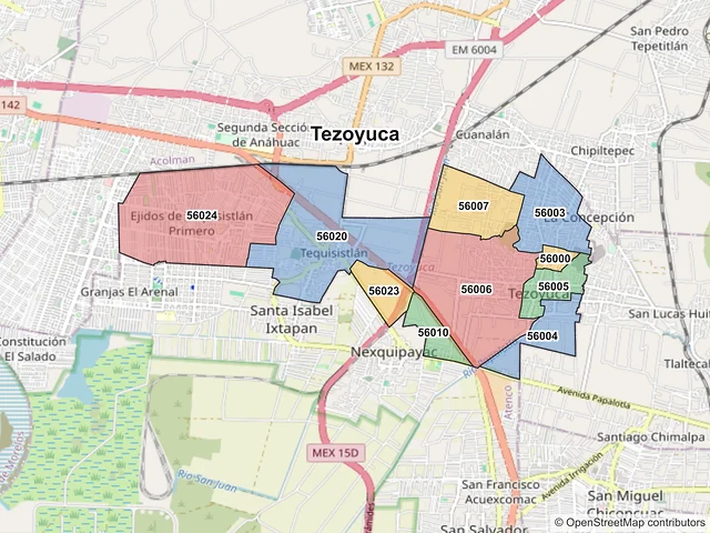 Mapa de códigos postales de Tezoyuca, México