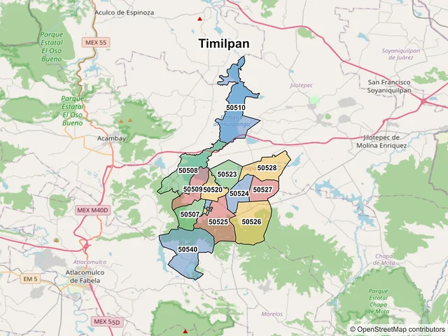 Mapa de códigos postales de Timilpan, México