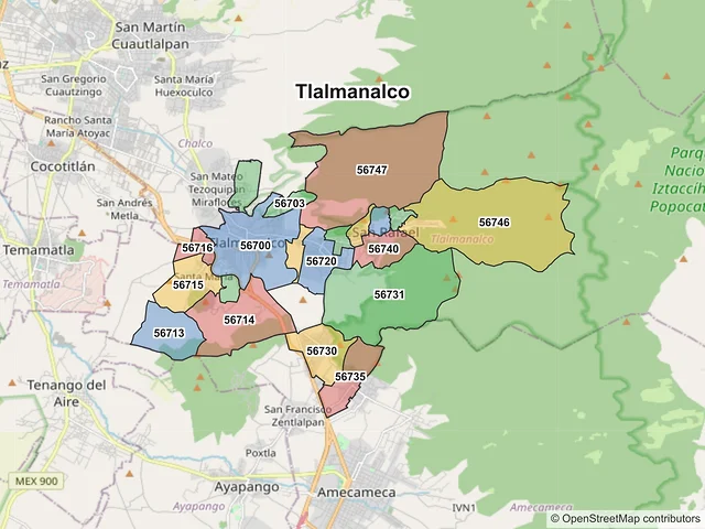 Mapa de códigos postales de Tlalmanalco, México